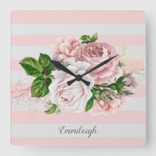 Roze Vintage Bloem Streep Vierkante Klok