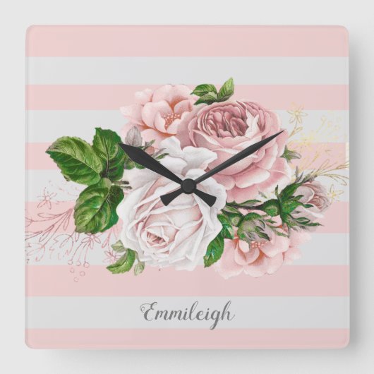 Roze Vintage Bloem Streep Vierkante Klok (Voorkant)