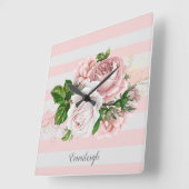 Roze Vintage Bloem Streep Vierkante Klok (Hoek)