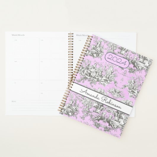 Roze Vintage Bloem Toile de Jouy Monogram Planner (Display)