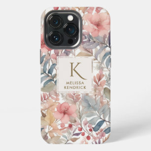 Roze Vintage Bloem Waterverf Monogram Naam iPhone 13 Pro Hoesje