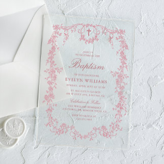 Roze Vintage Bloemachtig Meisje Doop Uitnodiging
