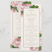 Roze Vintage Bloemachtig Trouwmenu met Crème Achte Menu (Voorkant / Achterkant)