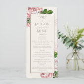 Roze Vintage Bloemachtig Trouwmenu met Crème Achte Menu (Staand voorkant)