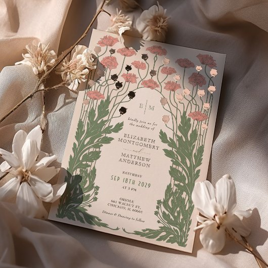 Roze Vintage Bloemachtige Trouwkaart Rose Goud Folie Uitnodiging