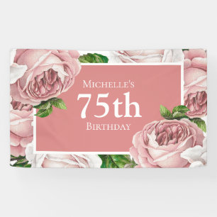 Roze Vintage Bloemen 75e Verjaardag Spandoek