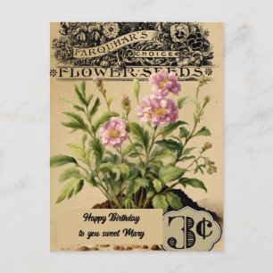 Roze Vintage Bloemen Drie cent Verjaardag Briefkaart