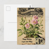 Roze Vintage Bloemen Drie cent Verjaardag Briefkaart (Voorkant / Achterkant)