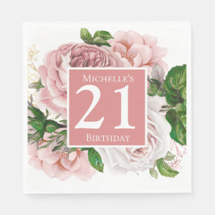 Roze Vintage Bloemen Groene 21e Verjaardag Servet
