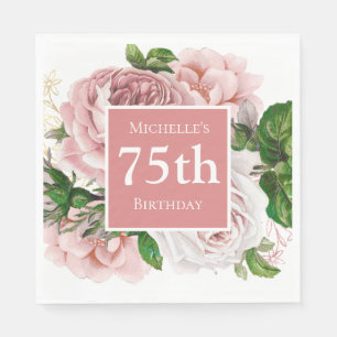Roze Vintage Bloemen Groene 75e Verjaardag Servet