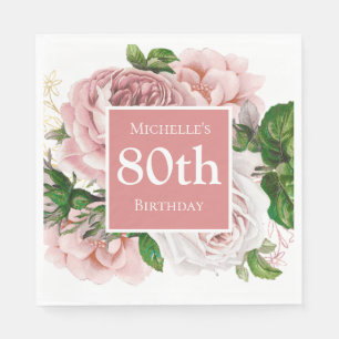 Roze Vintage Bloemen Groene 80e Verjaardag Servet