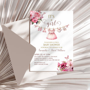 Roze Vintage Bloemen It's a Girl Baby Shower Kaart