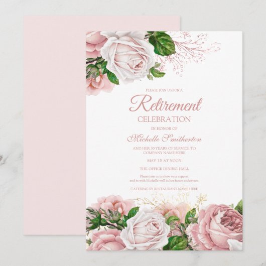 Roze Vintage Bloemen Pensioenfeest Kaart (Voorkant / Achterkant)