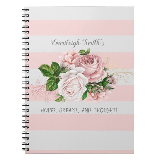 Roze Vintage Bloemen Strepen Dagboek Journaal Notitieboek (Voorkant)