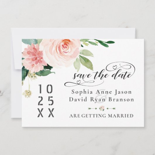 Roze Vintage Bloemen Trouw Calligrafie Save The Date (Voorkant)