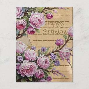 Roze Vintage Bloemen Verjaardag Collage Briefkaart