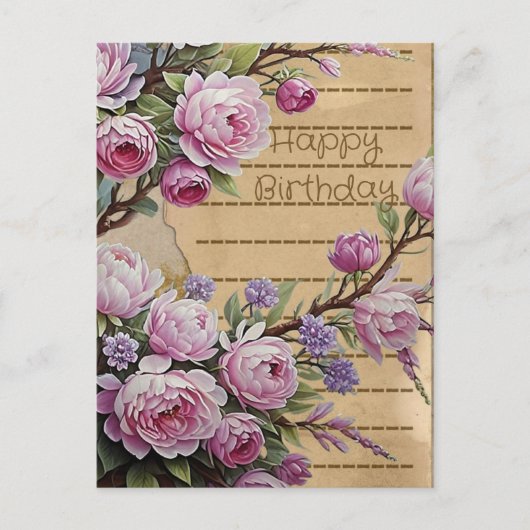 Roze Vintage Bloemen Verjaardags Collage Ansichtka Briefkaart (Voorkant)