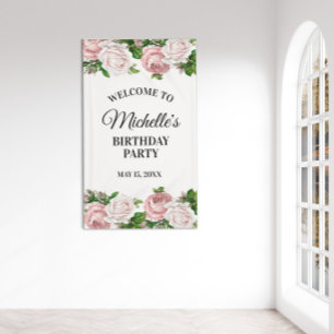 Roze Vintage Bloemen Verjaardagsfeest Welkom Spandoek