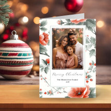 Roze Vintage Bloemengestikte Kerstkaart met Foto