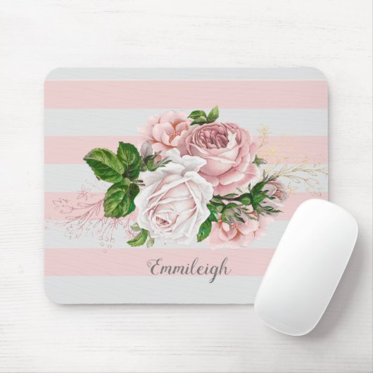 Roze vintage bloemgestreepte muismat (Met muis)