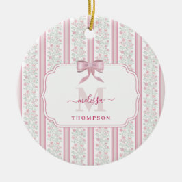 Roze Vintage Bloemige Coquette Strik Monogram Keramisch Ornament