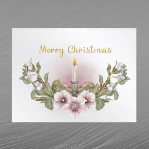 Roze Vintage Bloemkaars Aquarel Kerst Feestdagenkaart