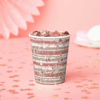 Roze Vintage Bloemstrepen Baby Shower Papieren Bekers