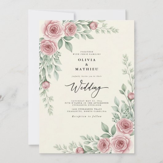 Roze Vintage Botanische Trouw Kaart (Voorkant)