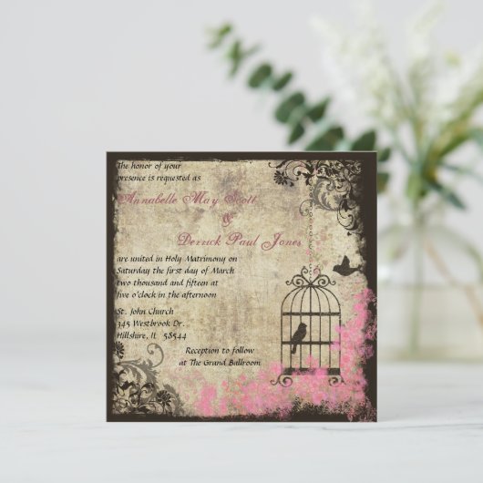 Roze Vintage bruiloft Birdcage Uitnodiging (Staand voorkant)