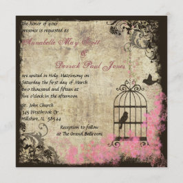 Roze Vintage bruiloft Birdcage Uitnodiging