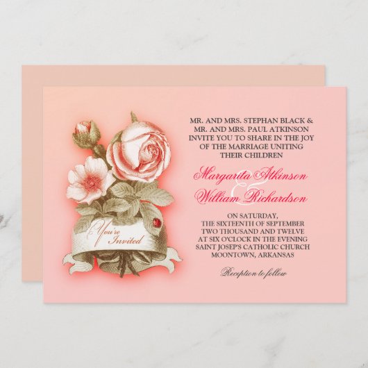 Roze vintage bruiloft uitnodigingen (Voorkant / Achterkant)