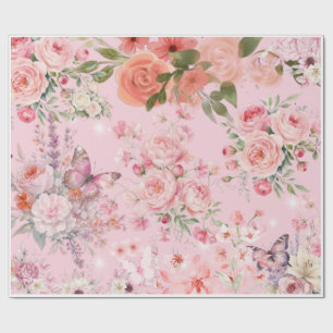 Roze Vintage Chic Rozen en Vlinders Patroon Cadeaupapier