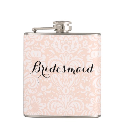 Roze Vintage Damast Bruidsmeisje Fles Heupfles (Voorkant)