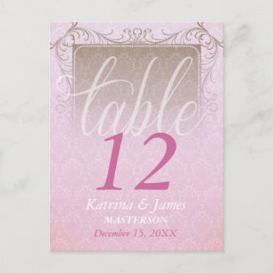 Roze Vintage Damast Droom Bruiloft Tafel Nummer Briefkaart