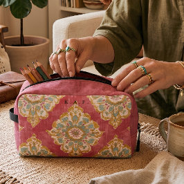 Roze Vintage Damast Monogram Toiletry Pouch Toilettasje