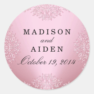 Roze Vintage Damast Trouwsticker Ronde Sticker
