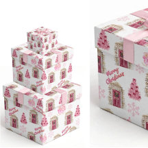 Roze Vintage Dorp Kerstmis Inpakpapier