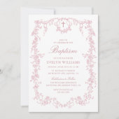 Roze Vintage Elegante Bloemmeisje Doop Foto Kaart (Voorkant)