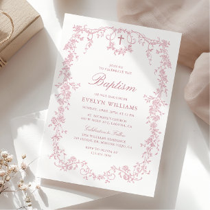 Roze Vintage Elegante Bloemmeisje Doop Foto Kaart