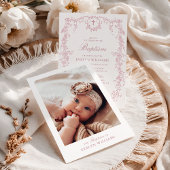 Roze Vintage Elegante Bloemmeisje Doop Foto Kaart