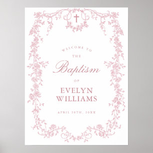Roze Vintage Elegante Bloemrijke Doop Welkom Poste Poster