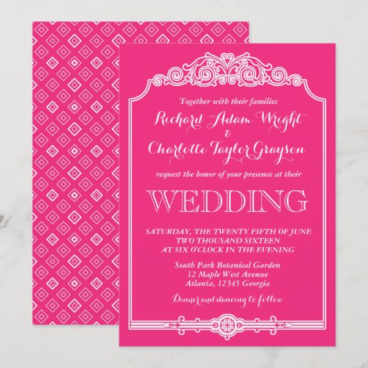 Roze vintage en klassieke trouwuitnodiging kaart (Voorkant / Achterkant)