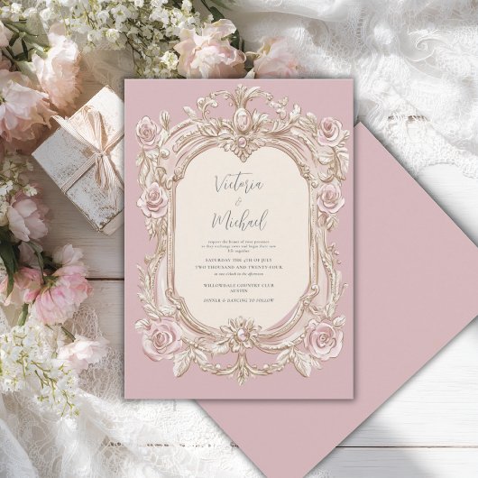 Roze Vintage Frame Elegante Trouw Kaart