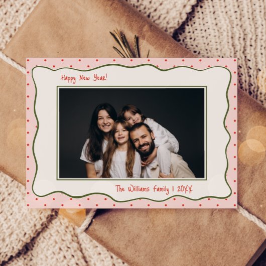 Roze Vintage Handgetekende Frame Foto Nieuwjaar Feestdagenkaart