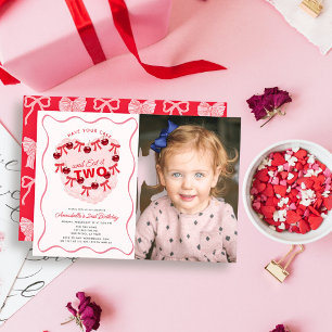 Roze Vintage Hart Cakemeisje Foto 2de Verjaardag Kaart