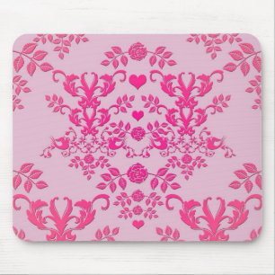 Roze Vintage Harten en Liefdesvogels Damast Muismat