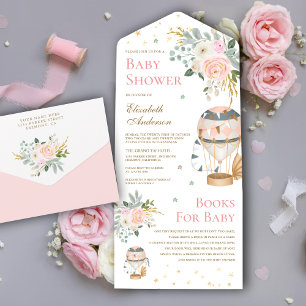 Roze Vintage Heet Lucht Ballon Baby Shower All In One Uitnodiging