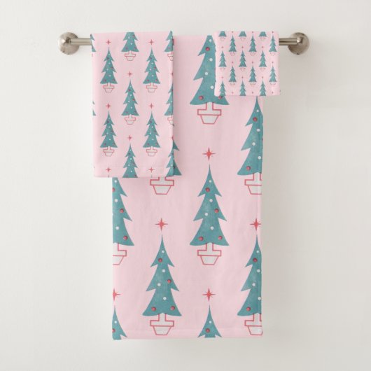 Roze Vintage kerstboom kerstpatroon Bad Handdoek (Insitu)