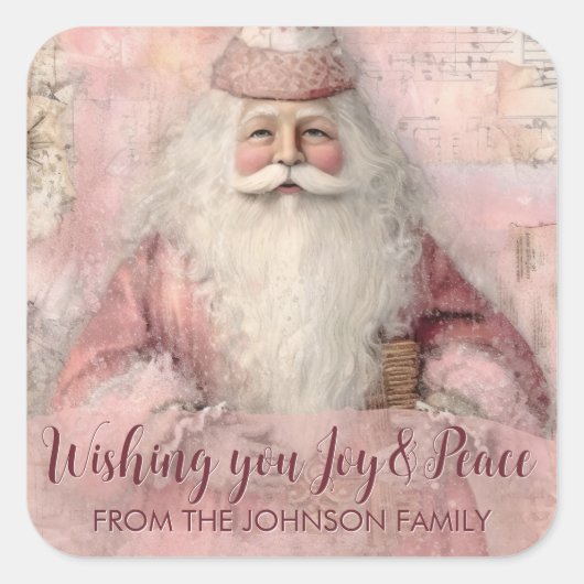 Roze Vintage Kerstfoto Vierkante Sticker (Voorkant)