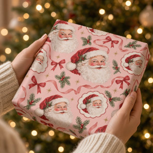Roze Vintage Kerstman en Rode Strik Kerst- Cadeaupapier